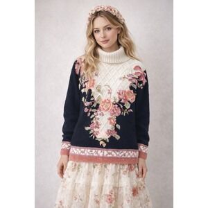 Vintage Hand Knit Floral Turtleneck Sweater Womens Small Cottagecore 90s